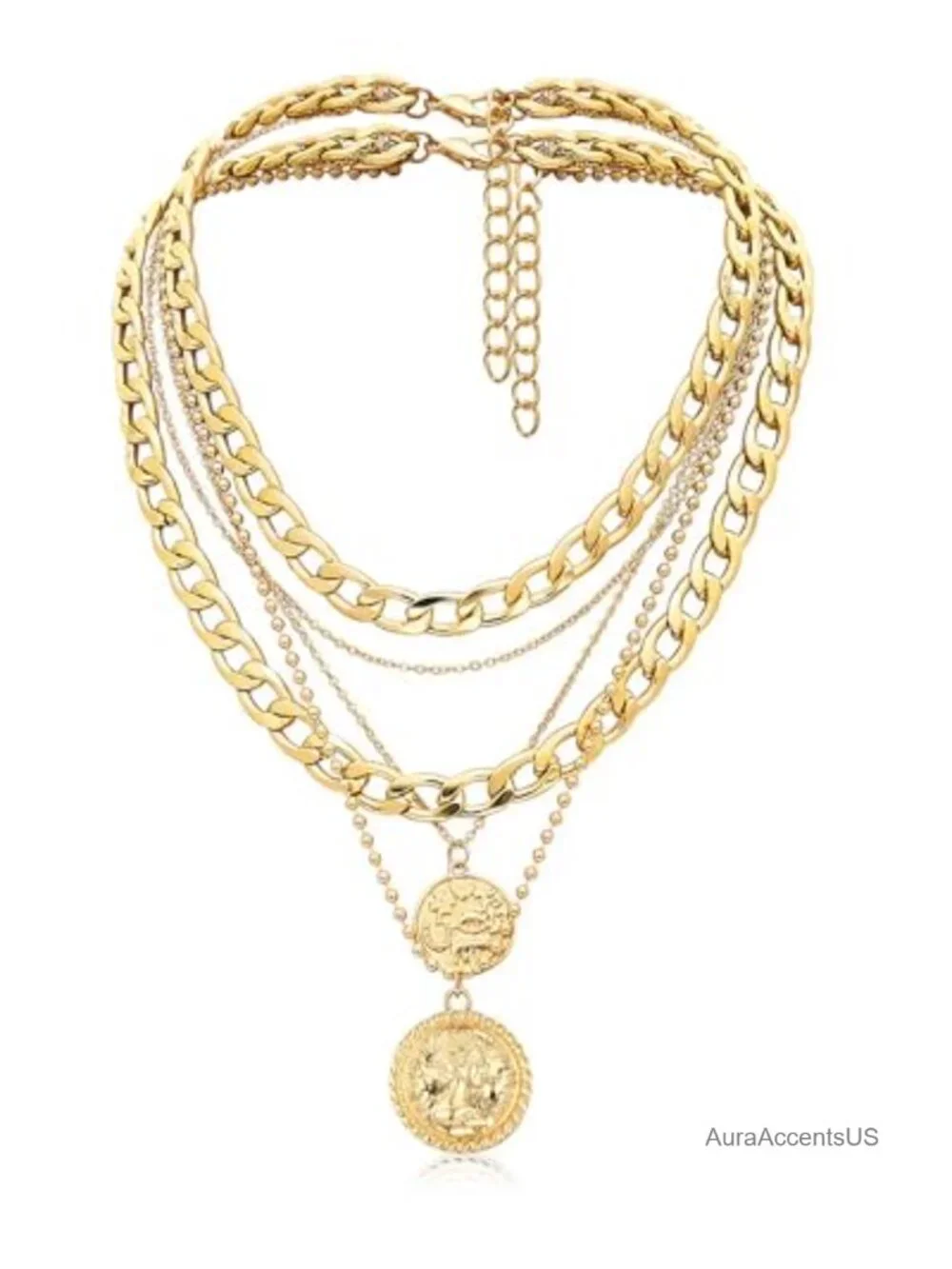Layered Necklace Set - Retro Coin Pendant Chunky Chains - Gold Plated Alloy